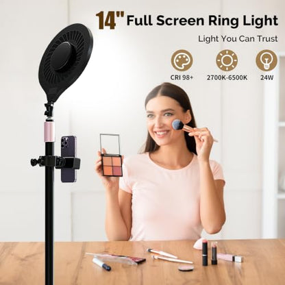 ShowMaven 14" Full Screen Ring Light with Adjustable Stand, Studio LED Ring Light with Phone Holder & 58" Stand, Selfie Light with Remote for Video Photography, TikTok, YouTube, Live Stream