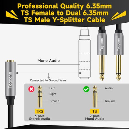 1/4 inch TS Mono Splitter Y Adapter, 6.35mm Mono Female to Dual 6.35 mm TS Mono Male Jack, Quarter inch Audio Speaker Splitter Converter Cable 1 Feet, Gold Plated Connectors - color: 6.35mm TS Female to Dual 6.35mm Male, size: 1 Pack
