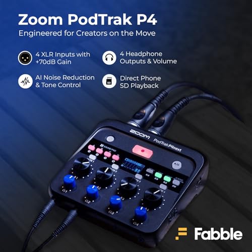 Zoom PodTrak P4next Podcast Recorder Bundle with Four Zoom ZDM-1 Podcast Microphone Packs, Including Headphones, Windscreens, XLR Cables, and Tabletop Stands for a Complete Recording Setup