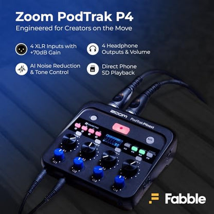 Zoom PodTrak P4next Podcast Recorder Bundle with Four Zoom ZDM-1 Podcast Microphone Packs, Including Headphones, Windscreens, XLR Cables, and Tabletop Stands for a Complete Recording Setup