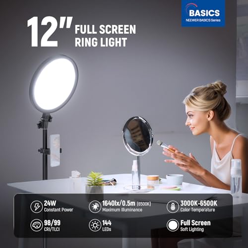 NEEWER Basics 12" 24W Large Ring Light with 68" Stand/Phone Holder/Remote for iPhone Video Recording Selfie Streaming Makeup Studio Photography, 3000K-6500K CRI98 Full Screen LED Panel Lighting, BR13