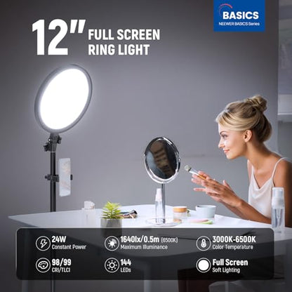 NEEWER Basics 12" 24W Large Ring Light with 68" Stand/Phone Holder/Remote for iPhone Video Recording Selfie Streaming Makeup Studio Photography, 3000K-6500K CRI98 Full Screen LED Panel Lighting, BR13