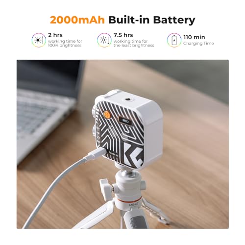 K&F CONCEPT RGB Video Light, 360° Full Color Portable Photography Light, LED Camera Light w 21 Light Effects, 2500K-9900K CRI 96+, 2000mAh Rechargeable Photography Lighting for Vlogging, Selfie, White - color: White