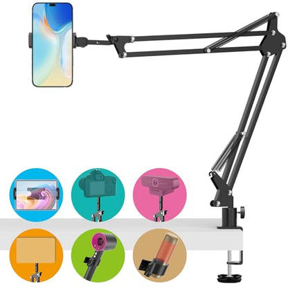 Overhead Camera Phone Mount, Desk Phone Stand for Recording, Phone Holder for Bed with Phone/Tablet/Mic Clamps, 1/4" Thread Magic Arm for DSLR, Webcam, iPad, TikTok, YouTube, Streaming, Cooking, Video