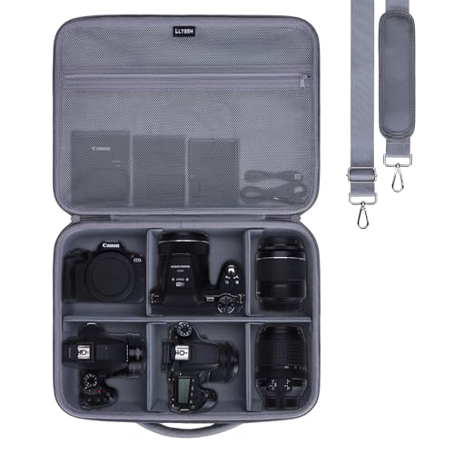 L LTGEM Large Camera Case Compatible with Canon/Sony/Nikon DSLR Mirrorless Camera and Multiple Lens, Hard Travel Carrying Case with 5 Dividers and Shoulder Strap, Gray - color: Gray, size: Large