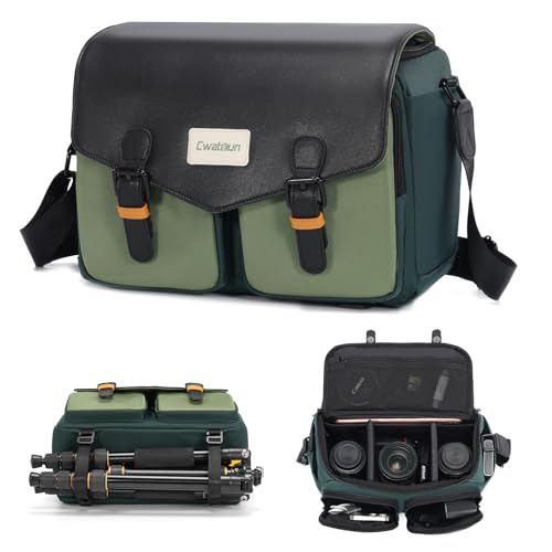 Cwatcun Camera Bag, Waterproof Flap Camera Crossbody Shoulder Messenger Case with Tripod Holder, Travel Photography Bag for Canon, Nikon, Sony, Fuji DSLR/SLR/Mirrorless Camera, Lens - Green, L - color: Green, size: L