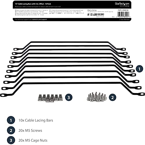 StarTech 10-Pack Lacing Bar with 4in Offset for 19in Rack, Steel (CMLB104) | 10.2cm offset at 75 degrees, Server rack cable management, Network rack-mount cord organizer, Each 1/3 of 1U - style: 4in offset