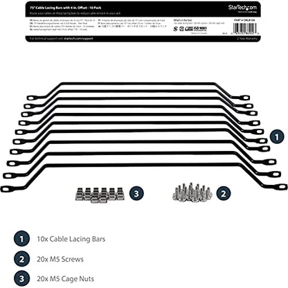 StarTech 10-Pack Lacing Bar with 4in Offset for 19in Rack, Steel (CMLB104) | 10.2cm offset at 75 degrees, Server rack cable management, Network rack-mount cord organizer, Each 1/3 of 1U - style: 4in offset