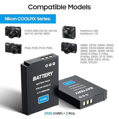 EN-EL12 Battery(2 Pack) and Charger(2CH) Set,Camera Accessories for Nikon Coolpix 9900,S9500,S9300,S9100,S8200,S8000,S6300,S6200,S6100,A900,AW110,MH-65,Rechargeable Lithium Ion Batteries Case