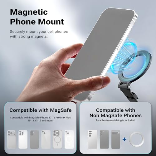 NEEWER Magnetic Tripod Phone Mount Cold Shoe Adapter, Aluminum Compact Lightweight Portable Phone Holder Attachment for Camera, Compatible with MagSafe iPhone Samsung Android Video Recording, CA163