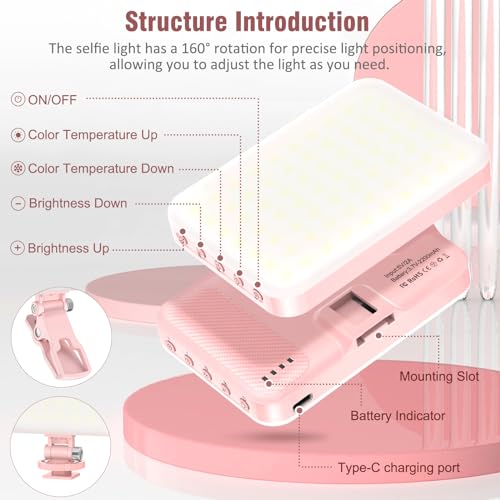 ALTSON 60 LED Portable Selfie Light Video Conference Lighting with Clip & Camera Tripod Adapter Rechargeable 2200mAh CRI 97+, 9 Light Modes for Phone iPhone Webcam Laptop Photo Makeup - color: Pink