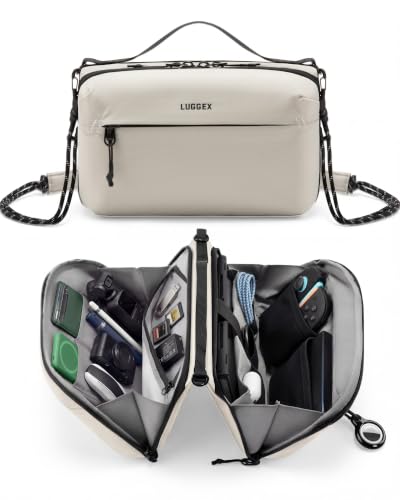 LUGGEX Large Travel Tech Pouch, Cable Organizer Bag with Removable Crossbody Strap, Dual Accessories Bag & Water Resistant Compatible with Kindle, Chargers, Cord, Earphone for Travel, Beige CBX01 - color: Beige