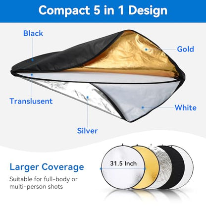 UTEBIT 31 Inch (80cm) Light Reflector Stand Kit with Bag | Diffuser 5 in 1 Collapsible Multi Disc Light Stand, Photography Reflector Holder-Translucent/Silver/Gold/White/Black - size: 31x31 Inch