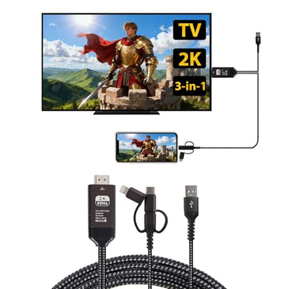 Universal 3-in-1 HDMI Mirroring Cable (6.6FT), Lightning/Micro USB/USB C to HDMI Adapter for All iPhone, Android Phones, iPad, Support 2K 60Hz 1080P Mirroring to Projector/Monitor/TV