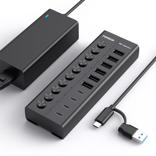 FIDECO 60W Powered USB Hub for Laptop and PC, 10-Port 10Gbps USB Splitter with 12V 5A Power Adapter, Aluminum USB 3.2 Gen 2 Multiport Adapter, 6 USB-A and 4 USB-C Ports, Support BC1.2 Charging (Black) - color: Black