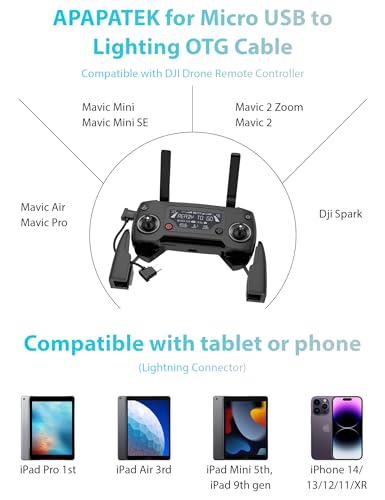 for Micro USB to iOS Data Cable for DJI Spark/Mavic Pro/Mavic Mini 1st & SE/Mavic 2 Series/Mavic Air 1st Drone Controller, Link for iPhone 14 13 12 11 Pro Max iPad, RC Cable (1ft/30cm)