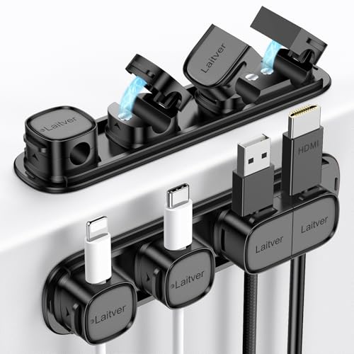 6 Pack Magnetic Cable Clips [1s Open/Lock], Laitver Cord Organizer Holder Strong Adhesive Desk Cable Management- Organize Charging Cords Neatly for Home, Office, Car,Desk, Nightstand-Black | Strong Adhesive Desk Cable Management- Organize Charging Cords N