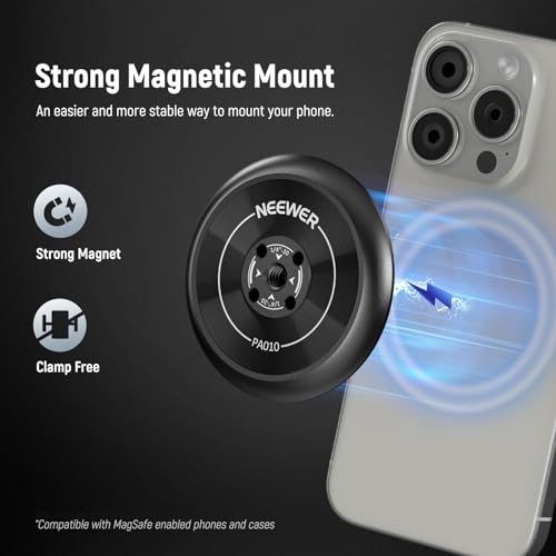NEEWER Magnetic Phone Tripod Mount Adapter with Adhesive Magnetic Ring Compatible with MagSafe iPhone 15 Pro Max 15 Plus 14 13 12, 1/4" Thread for iPhone Video Recording Selfie Stick Ring Light, PA010 - style: PA010(1 Pack) w/Magnetic Ring
