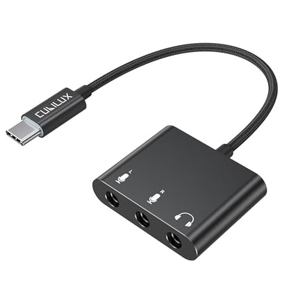 Cubilux USB C Microphone Adapter with Dual 3.5mm TRS Mic Input & Headphone Monitoring, for iPad, iPhone 17/16/15 Series, Android, Tablet, Ideal for Podcast, Zoom, Interview, Vlog