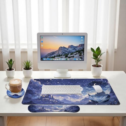Moonlit Castle Desk Mat Set Dream Night Sky Large Mouse Pad with Wrist Rest 4in1 Desk Mat for Desktop Ergonomic Computer Desk Arm Wrist Anti-Slip Computer Ergonomic Mouse Pad Home Office Gaming - color: Moonlit Castle
