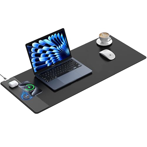 TopMade Mouse Pad with 15W Fast Wireless Charging, 35.43"x15.75" XXXL Large Gaming Waterproof Desk Pad with Ultra-Smooth Surface, Non-Slip Base, Classic Black Computer Desk Mat for MacBook, PC, Laptop - color: Black-35.4"x15.8"