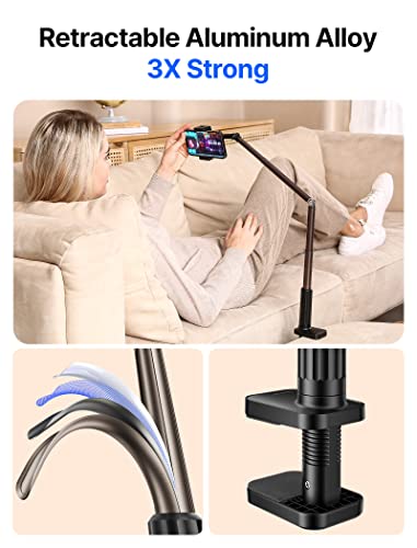 JSAUX Phone Holder for Desk and Bed Compatible with iPhone 17 16 15 14 13 12 Overhead Phone Mount Gooseneck Phone Stand Flexible 360 Lazy Long Arm Clamp Clip for Table Bedside [1-Pack, Black] - color: Black