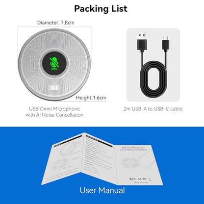 ANSTEN USB Microphone No Speaker, Laptop Computer Microphone Conference Mic, Mute Button with LED, Omnidirectional Condenser PC Desktop Mic, AI Noise Reduction, Plug & Play for Online Class Video - color: Silver