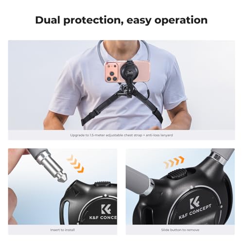 K&F CONCEPT Neck Phone Holder, 2-in-1 Magnetic & Clip-on Phone Neck Holder, POV Phone Holder, Hand Free Chest Stand Compatible with iPhone 17-12 Seires Android Phones - color: Gray