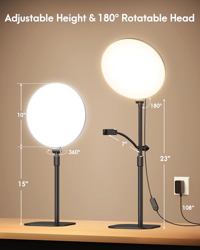 Full-Panel Ring Light with Stand and Extra-Long Flexible Phone Arm for Podcast & Streaming, 10" LED Video Light for Desk, Laptop & Computer, Dimmable Light for Video Recording & Content Creation