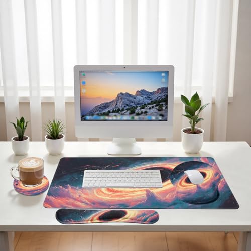 Black Hole Desk Mat Set Galaxy Space Art Large Mouse Pad with Wrist Rest 4in1 Desk Mat for Desktop Ergonomic Computer Desk Arm Wrist Anti-Slip Computer Ergonomic Mouse Pad Home Office Gaming - color: Black Hole Galaxy Space