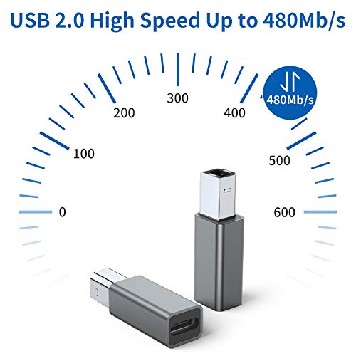 USB C Female to Printer Male Adapter (2-Pack), USB Type C to USB B Convert Connector Support Data Sync Compatible with Brother HP Canon Lexmark Epson Dell Xerox Samsung etc and Piano DAC (Grey)