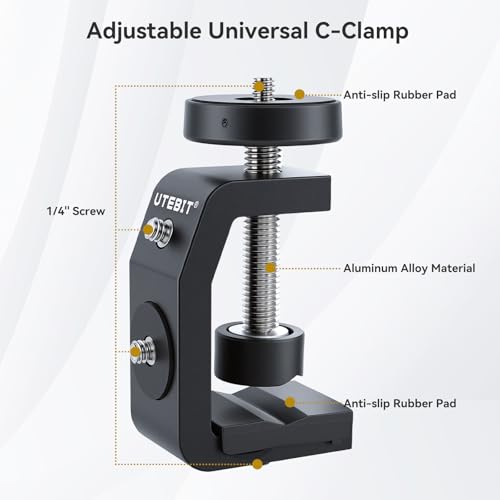 UTEBIT 40mm C-Clamp Camera Mount with Mini Ball Head, Black | 1/4 Thread Hole Metal Clamp with 360° Swivel Ballhead Camera Mount 1/4 Hot Shoe Adapter for Camera Desk Bicycle Woodworking - size: 40mm