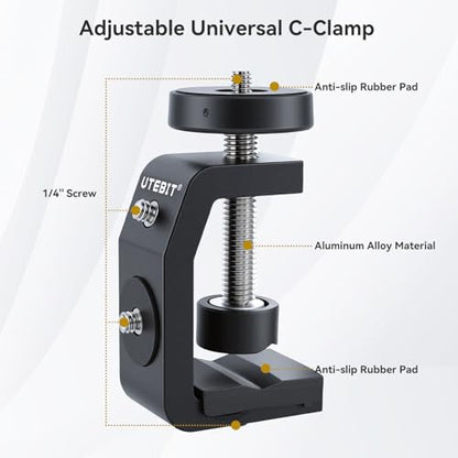 UTEBIT 40mm C-Clamp Camera Mount with Mini Ball Head, Black | 1/4 Thread Hole Metal Clamp with 360° Swivel Ballhead Camera Mount 1/4 Hot Shoe Adapter for Camera Desk Bicycle Woodworking - size: 40mm