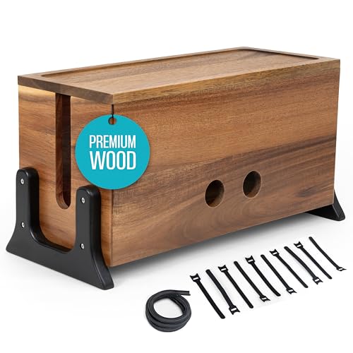 Extra Large Cable Management Box, Wood Cord Hider Box & Organizer for Power Strip, TV Wires & Desk Cable Storage - color: Solid Acacia