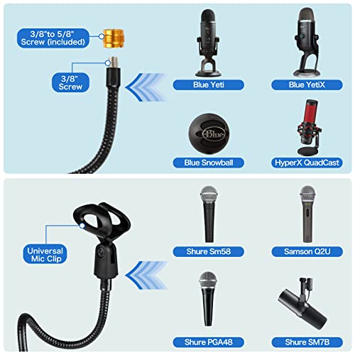 Desktop Mic Stand 13" Flexible Gooseneck Microphone Stand Desk Universal Microphone/Phone Stand Holder with Heavy Duty Desk Clamp, Mic Clip, 3/8" to 5/8" Screw Adapter for Universal Mic - size: 13INCHS