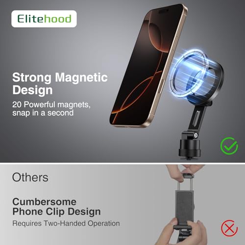 elitehood Magsafe Phone Tripod Mount Adapter with 360° Rotatable Cold Shoe & 1/4” Screw, Magnetic Camera Phone Mount, Aluminum iPhone Holder for Tripod Camera Video Recording Live Streaming Vlogging - style: Rotatable Cold Shoe Base