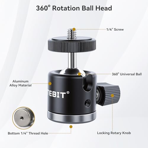 UTEBIT 40mm C-Clamp Camera Mount with Mini Ball Head, Black | 1/4 Thread Hole Metal Clamp with 360° Swivel Ballhead Camera Mount 1/4 Hot Shoe Adapter for Camera Desk Bicycle Woodworking - size: 40mm