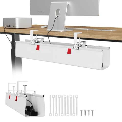 Univivi No Drill Under Desk Cable Management Tray, 28" Cord Organizer for Table, Clamp/Screw Mount Desk Cable Management, Premium Fabric Cable Management Tray for Office, Home - color: White, size: 28"L x 5.5"W
