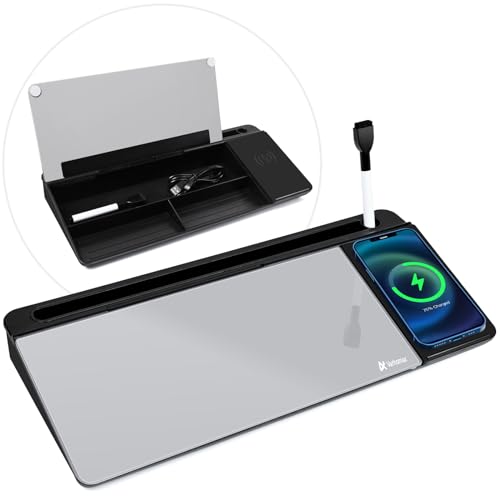 Varhomax Glass Desk Whiteboard with Wireless Charger, Desktop Organizer Dry Erase White Board with Storage, to Do List Memo Notepad for Home and Office Supplies (Black & Gray) - color: Wireless Charger-black & Gray