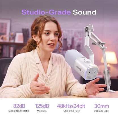 MAONO PD100W Wireless USB Dynamic Microphone, Gaming PC Mic with One-Click Noise Reduction,Mute Button,Custom RGB,3.5mm Headphone Jack,Software, Podcast Streaming Mic (Desktop(USB-C Receiver), White) - color: White
