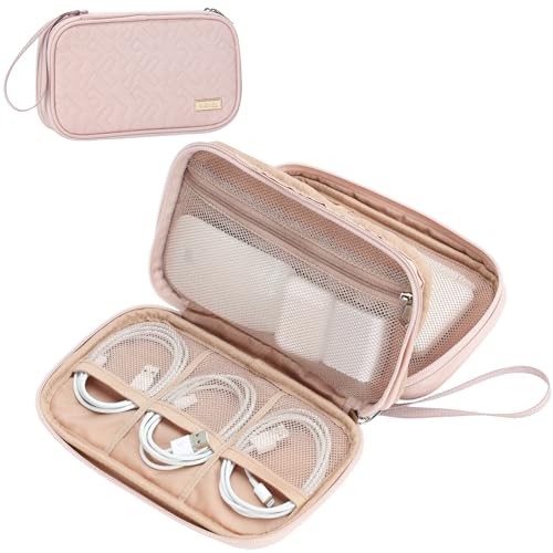 NISHEL Travel Cord Organizer Case, Double Layers Tech Electronic Bag, Essentials for Charger, Cable, Phone, Flash drive, Medium, Pink - color: Pink, size: Medium