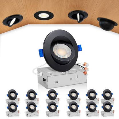zouzai 3 Inch Gimbal LED Recessed Lights, Black, 12 Pack, with Junction Box, 360°+ 90° Adjustable, 5CCT 2700K-5000K, Dimmable, Canless Eyeball Downlight, CRI90+, 800LM 7W 120V, ETL - color: Black-3 inch, size: 12 Pack