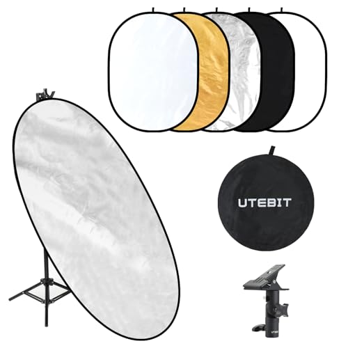 UTEBIT 35"x47" Photography Reflector with Stand, Include Clamp&Carrying Bag | 5-in-1 Oval Foldable Reflector, Translucent/Silver/Gold/White/Black Photography Reflector for Studio&Outdoor Lighting - size: 35x47 Inch