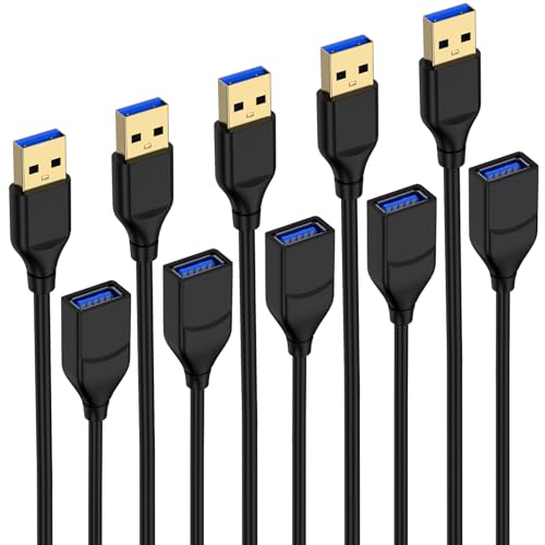 5Pack USB Extension Cable,Type A Male to Female Extension Cord High Data Transfer Compatible with Keyboard/Mouse/Flash Drive/Printer/Camera/Webcam/Hard Drive/USB Hub,6FT USB A Extender Cord - Black