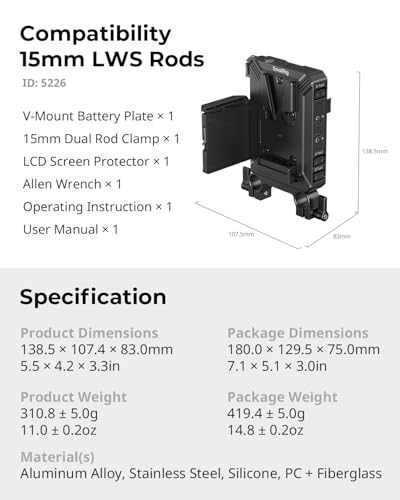 SMALLRIG V-Mount Battery Plate Kit for 15mm LWS Rods, with Dual Rod Clamp, LCD Screen Protector & Cable Clips, D-Tap & USB-C Supply, All-in One Camera Video Rig for Mirrorless/DSLR - style: Plate Kit for 15mm Rod