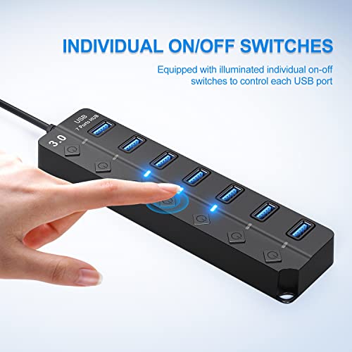 ONFINIO USB Hub 3.0, 7-Port USB A Splitter with Individual On/Off Switches and Lights, 3.2ft/1m Long Cable, Extender for A Port Laptop, PC, Desktop - color: Black