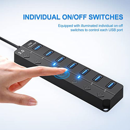 ONFINIO USB Hub 3.0, 7-Port USB A Splitter with Individual On/Off Switches and Lights, 3.2ft/1m Long Cable, Extender for A Port Laptop, PC, Desktop - color: Black