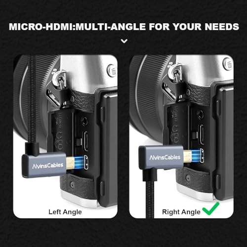 Alvin's Cables Right Angle Micro HDMI to HDMI Cable 8K@60Hz 4K@120Hz, Braided Coiled HDMI 2.1 for Sony A7RIII/A7II/A7M3, Canon R5/M6, Fujifilm X-T4/X-T3, GoPro, Nikon - Ultra Durable - color: Black, style: Right Angle micro HDMI