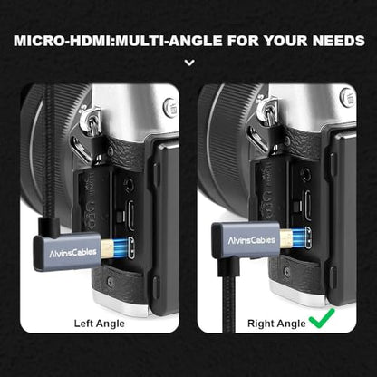 Alvin's Cables Right Angle Micro HDMI to HDMI Cable 8K@60Hz 4K@120Hz, Braided Coiled HDMI 2.1 for Sony A7RIII/A7II/A7M3, Canon R5/M6, Fujifilm X-T4/X-T3, GoPro, Nikon - Ultra Durable - color: Black, style: Right Angle micro HDMI