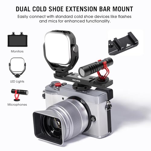 Dual Cold Shoe Extension Bar Mount, Aluminum Dual Hot Shoe Mount Bracket with 1/4" Thread & Cable Slot, Cold Shoe Bracket for DSLR Camera LED Video Light Microphone Monitor (62034)